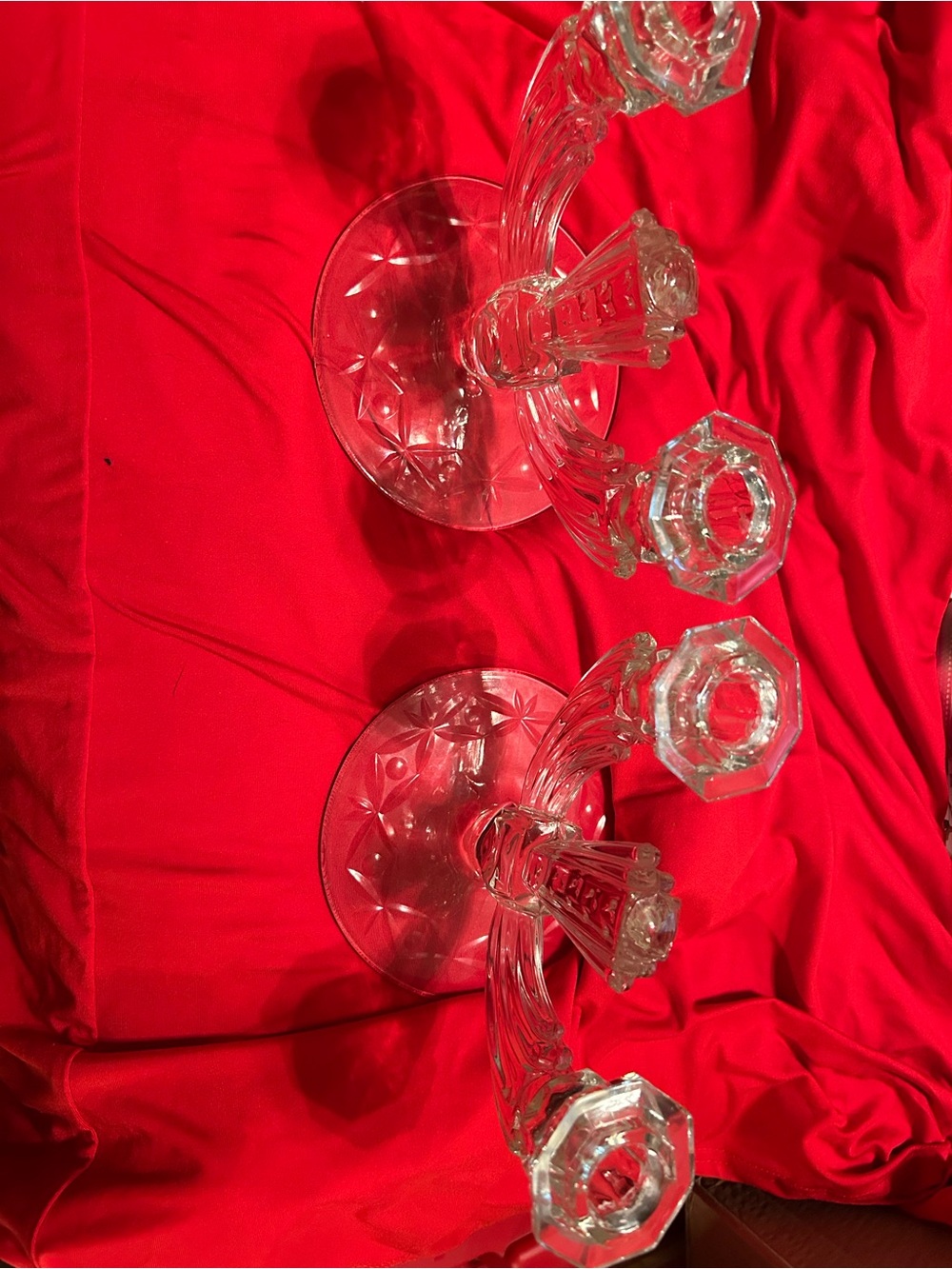 Vintage Tiffin Glass Clear Double-Light Candelabra Candle Holders Pair Glossy